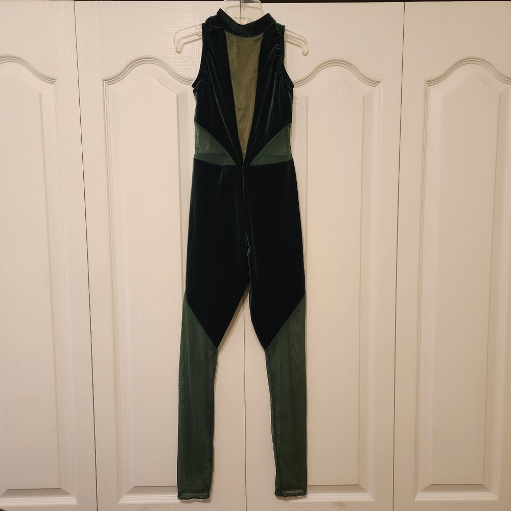 Kelle Dark Green Dance Costume One Piece Unitard M Child Velvet And Mesh
